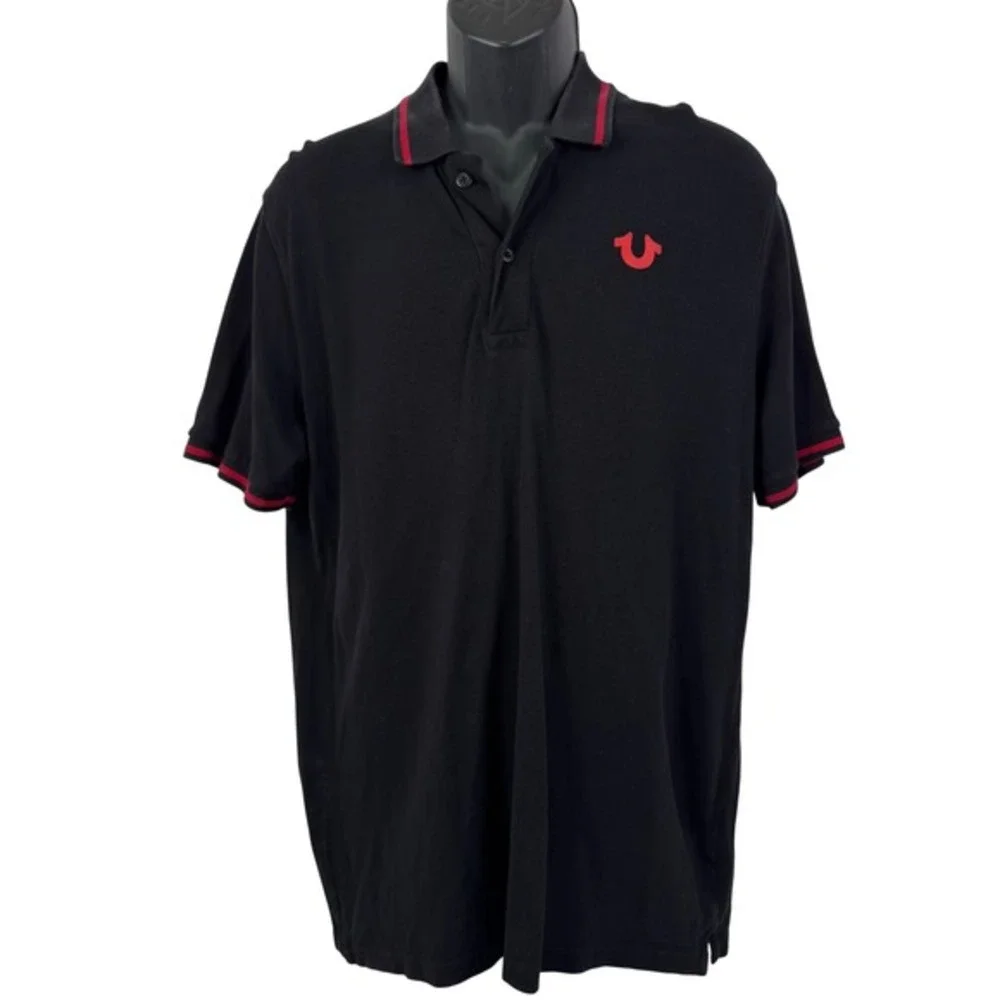 True Religion Men‎ Black Red Logo Short Sleeve Polo Shirt Size XL